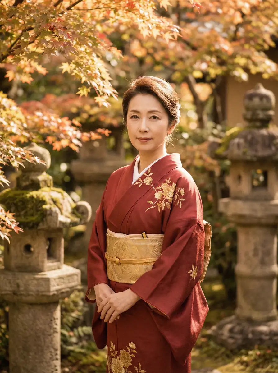 一位身穿暗红色和服的优雅 [九色]九色永久地址::精品九色在线播放 在日式庭院中